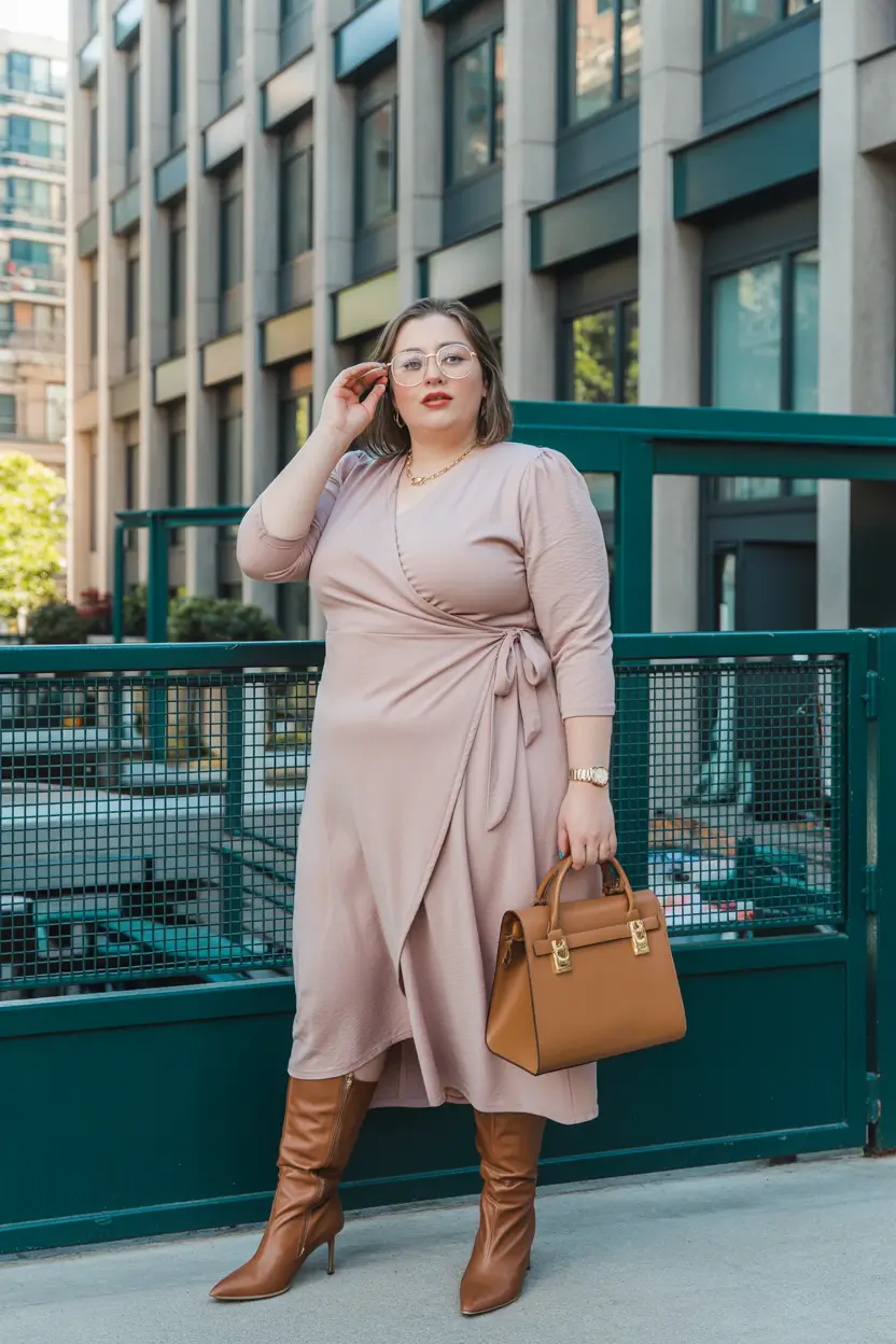 plus size spring outfits 2026 City Business Casual Wrap Dress With Tall Boots