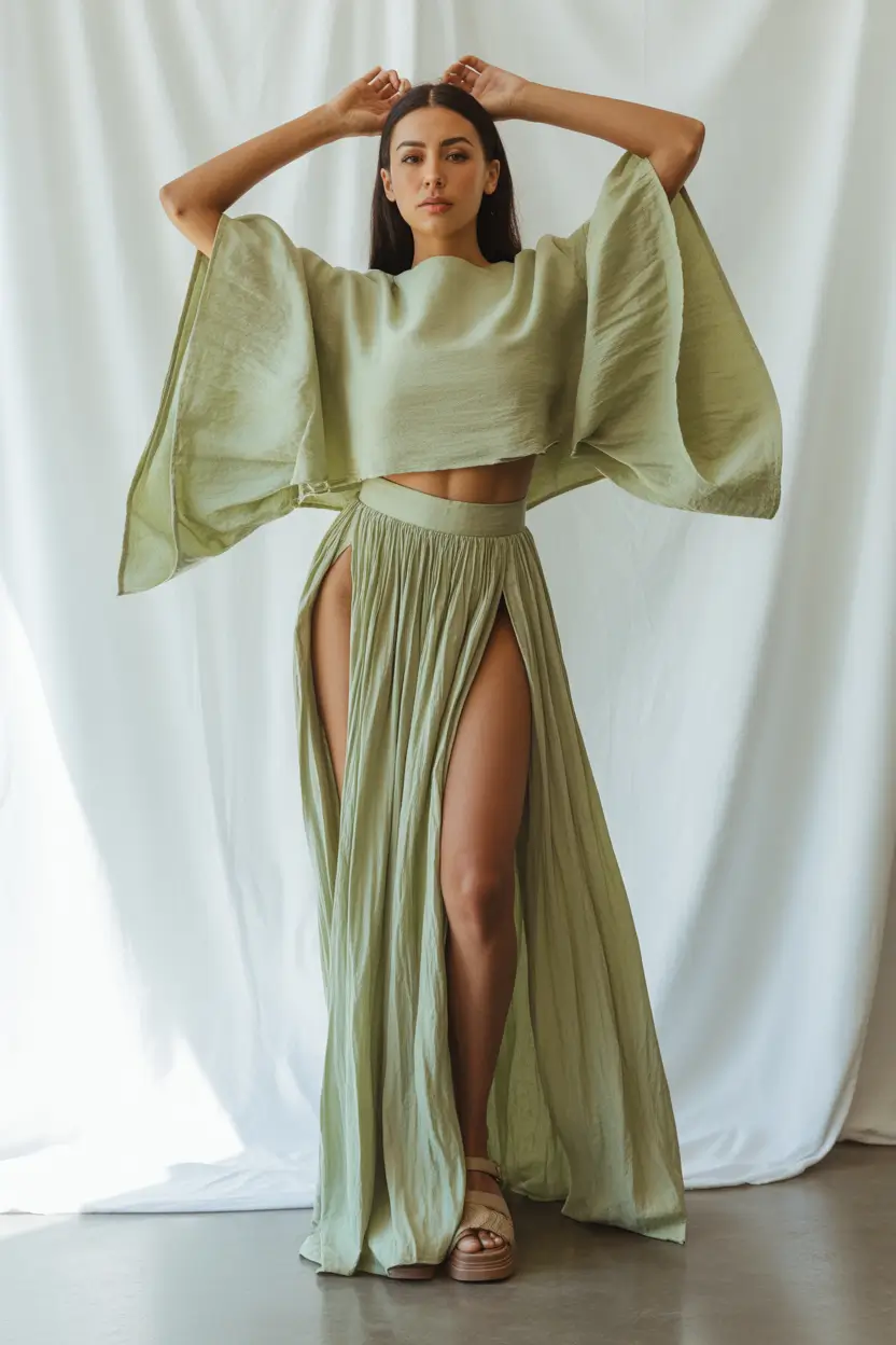spring beach outfits 2026 Sage Skirts and Dramatic Sleeves for Modern Beach Glam