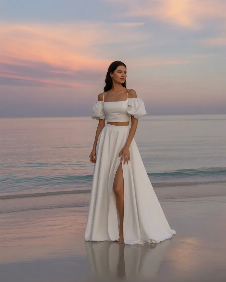 spring beach outfits 2026 Sunset Ready White Outfit With Soft Volume