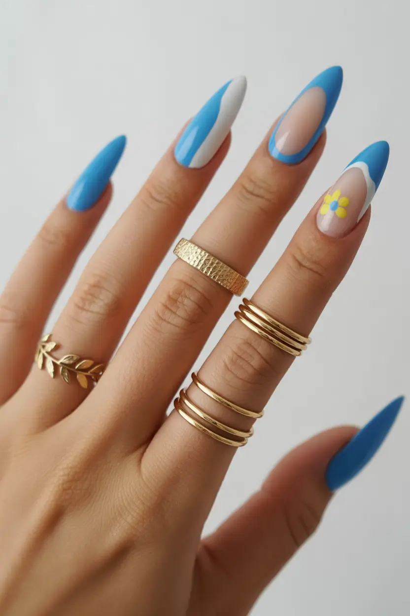 Best Blue Spring Nails Ideas 2026 Sky Blue French Floral Nails