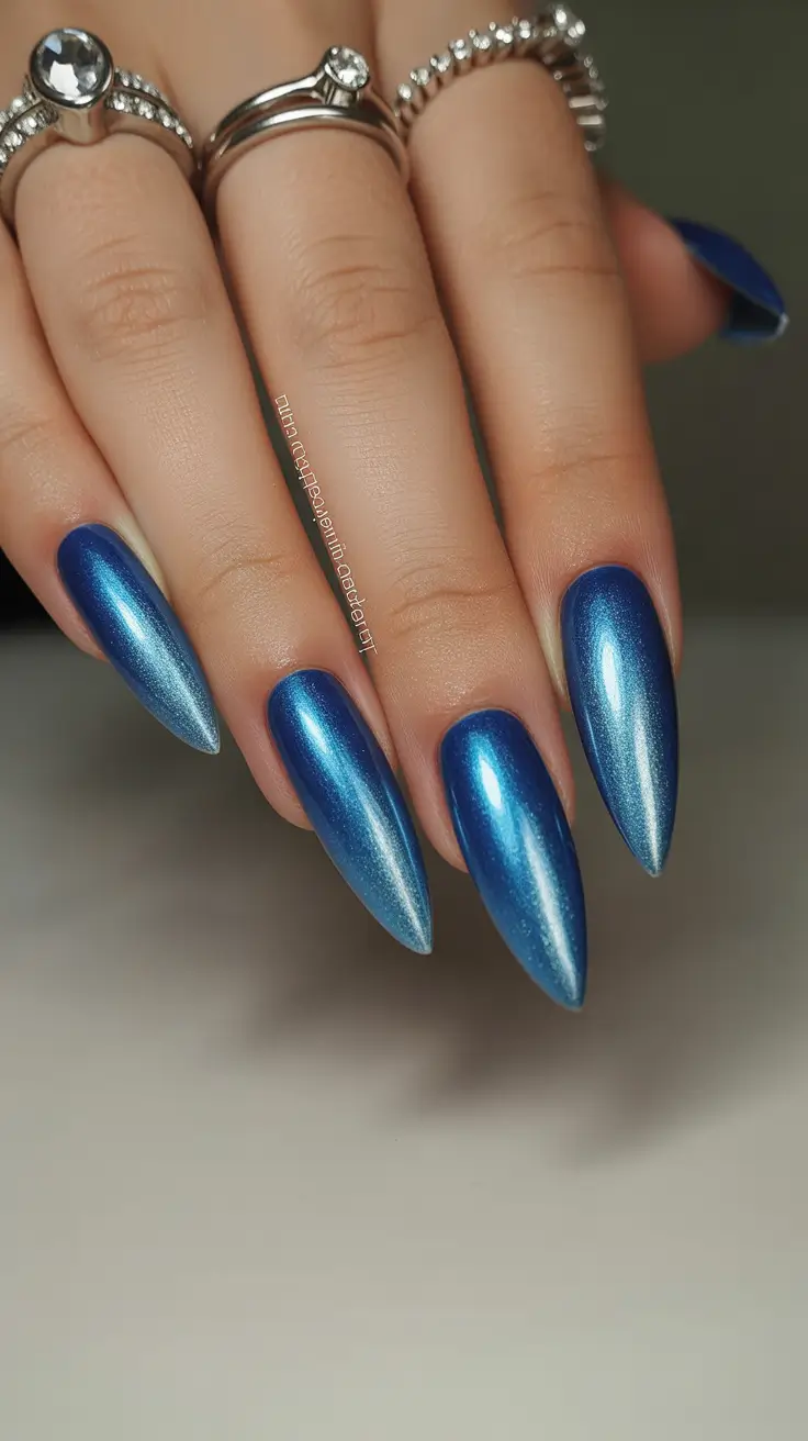 Best Blue Spring Nails Ideas 2026 Metallic Blue Stiletto Nails