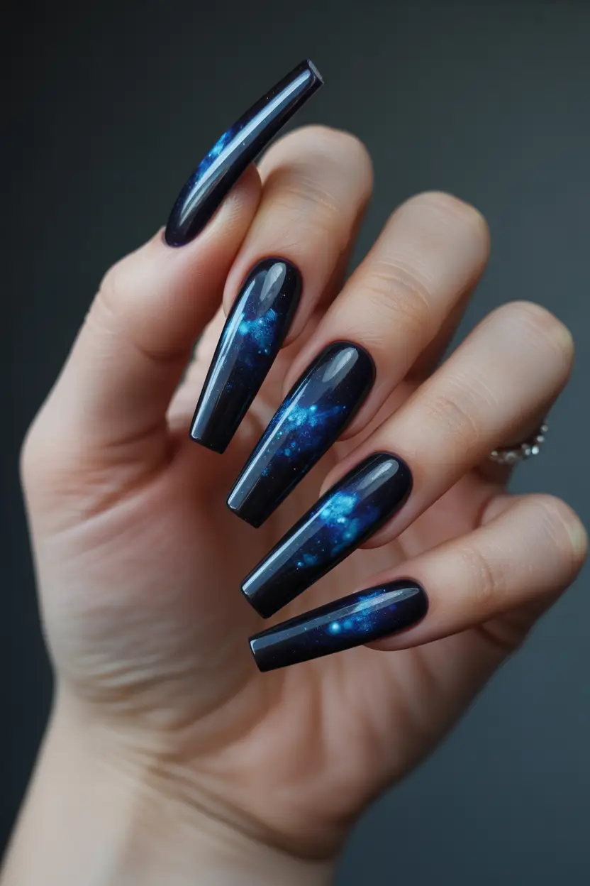 Best Blue Spring Nails Ideas 2026 Dark Blue Galaxy Coffin Nails