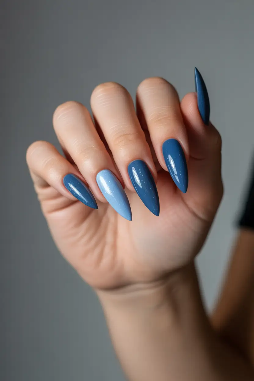 blue spring nails 2026 Glossy Denim Blue Almond Nails