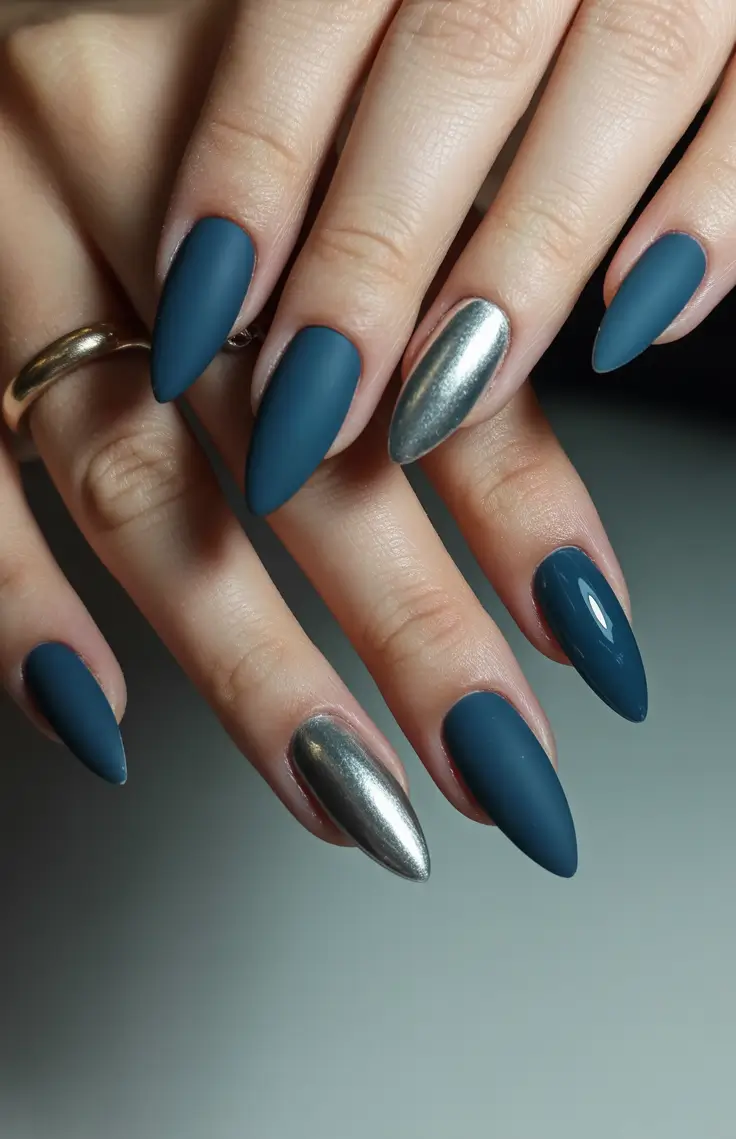 blue spring nails 2026 Matte Navy With Metallic Accents