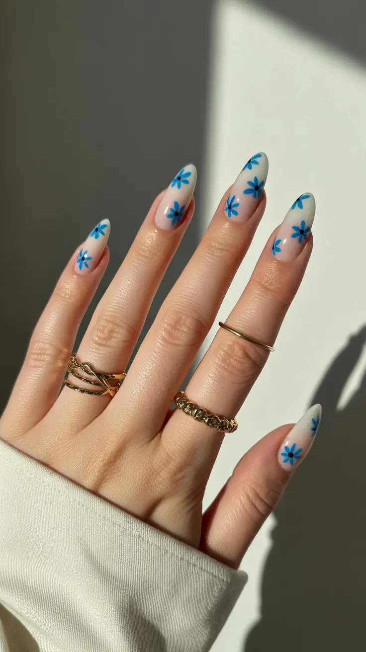 blue spring nails 2026 Delicate Blue Floral Nails With a Soft Spring Mood
