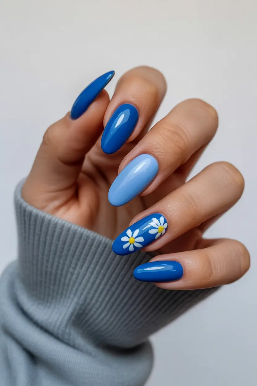 blue spring nails 2026 Bright Blue Daisy Nails With Playful Energy