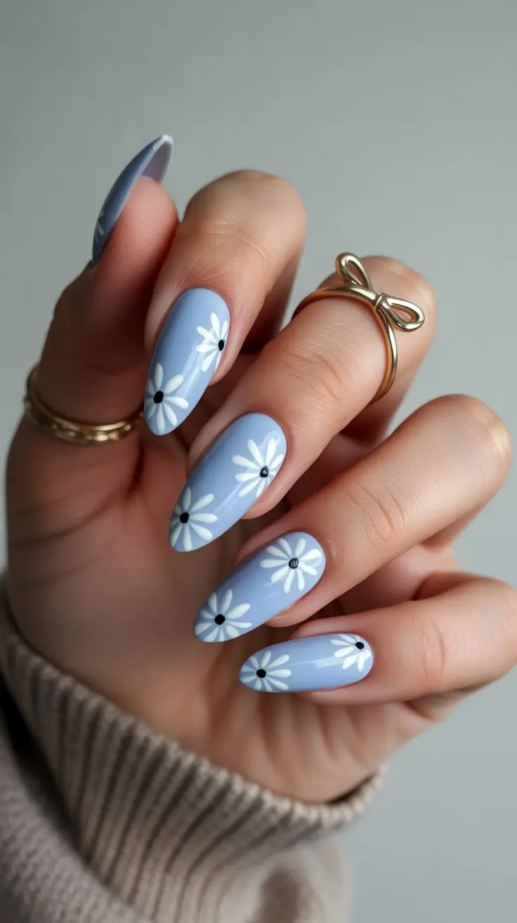 Best Blue Spring Nails Ideas 2026 Sky Blue Daisy Almond Nails