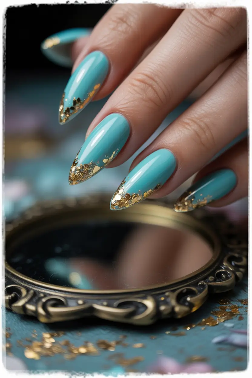 Best Blue Spring Nails Ideas 2026 Turquoise Gold Foil Nails