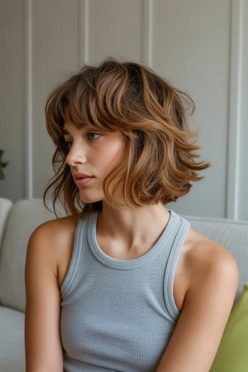 spring bob haircut 2026 Textured Shaggy Bob with Warm Layers