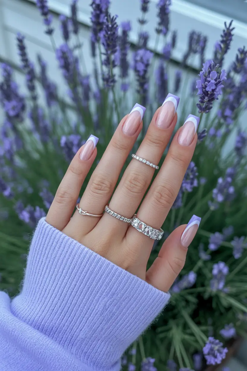 chic spring french tip nails 2026 Lavender Square French With Garden Inspired Elegance