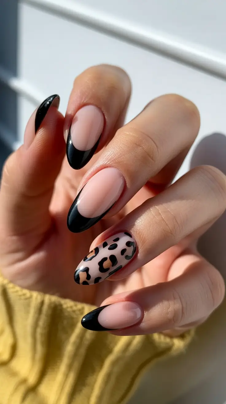 chic spring french tip nails 2026 Black Almond French With Leopard Accent