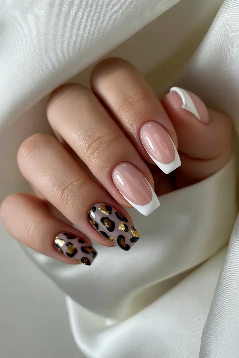 chic spring french tip nails 2026 Square White French With Gold Leopard Detail