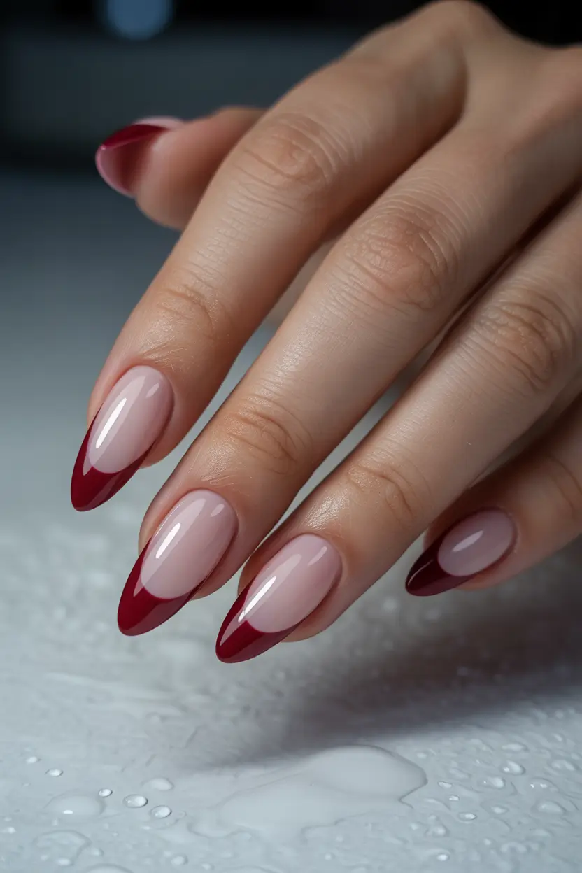 chic spring french tip nails 2026 Classic Burgundy French On Elegant Almond Nails