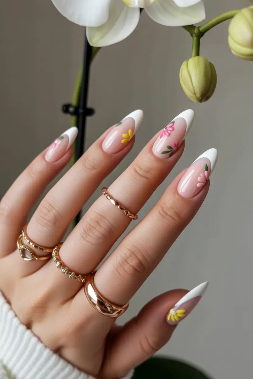 chic spring french tip nails 2026 Playful Pastel Florals With Orchid Mood