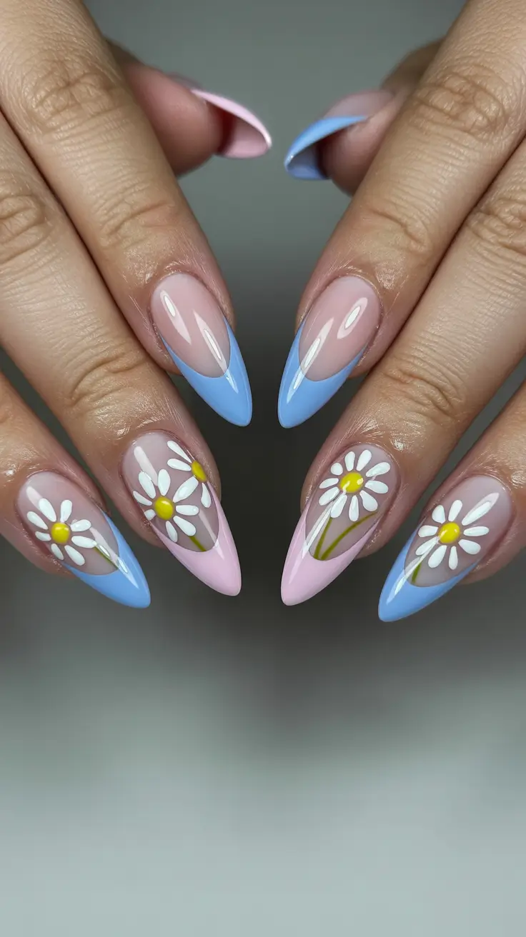 chic spring french tip nails 2026 Bold Daisy French With Blue And Pink Tips