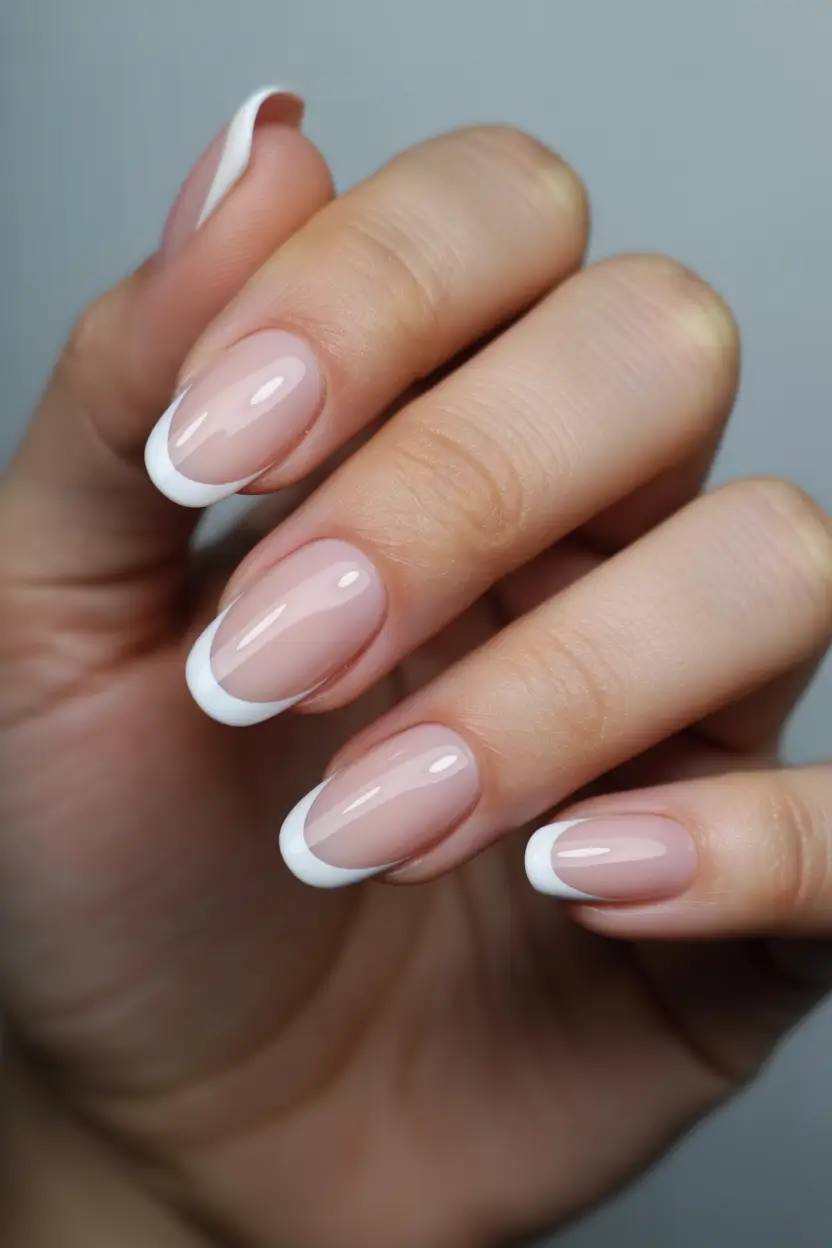 chic spring french tip nails 2026 Timeless Nude Short French With Crisp White Lines