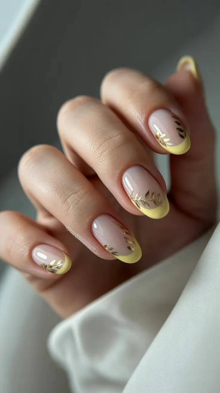 chic spring french tip nails 2026 Soft Yellow French With Gold Botanical Accents