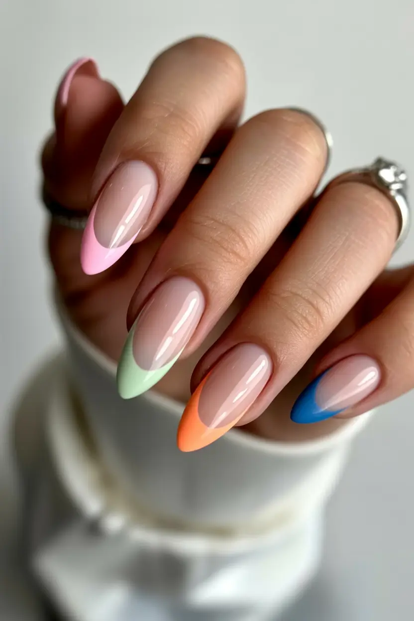 chic spring french tip nails 2026 Rainbow Almond French With Playful Color Tips