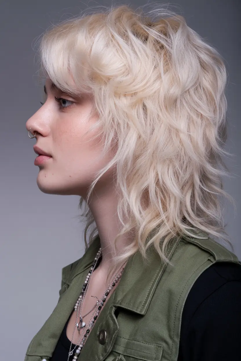spring mullet haircut for woman 2026 Soft Blonde Curly Shag Mullet