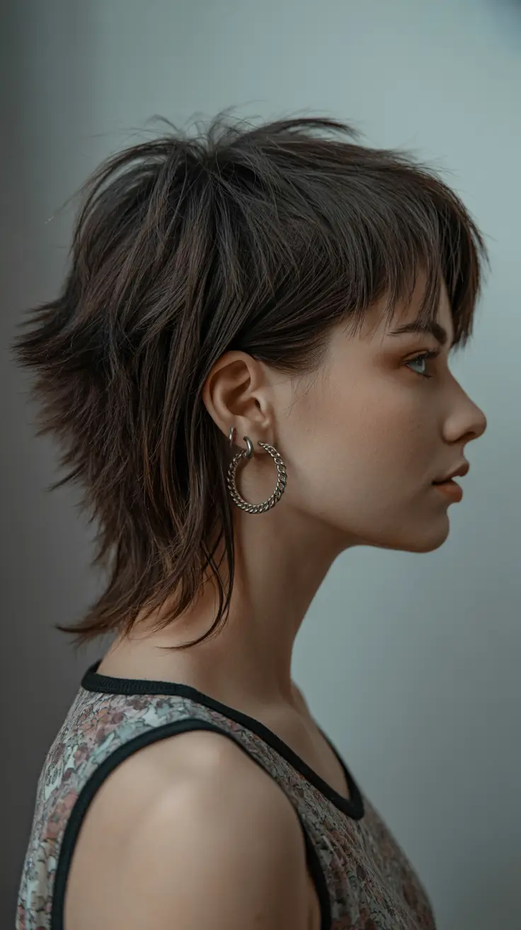 spring mullet haircut for woman 2026 Textured Brunette Shag Pixie Mullet