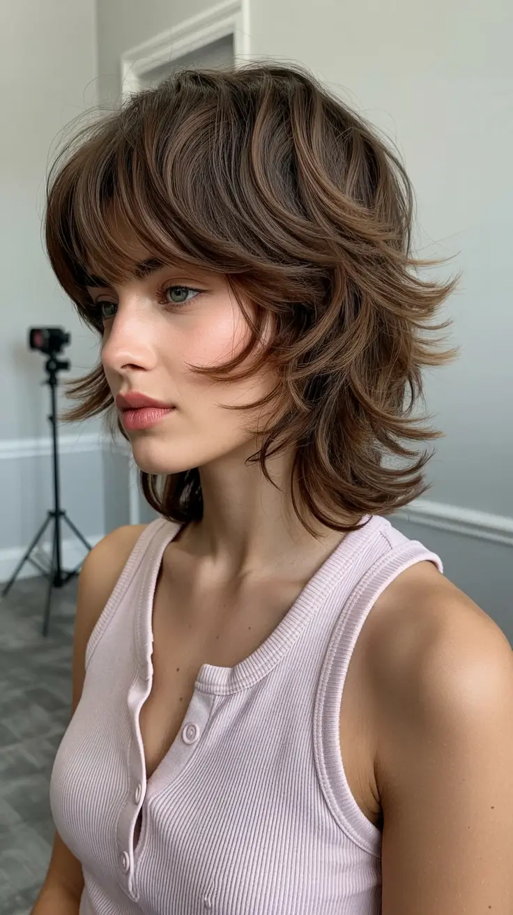 spring mullet haircut for woman 2026 Layered Chestnut Medium Wolf Mullet
