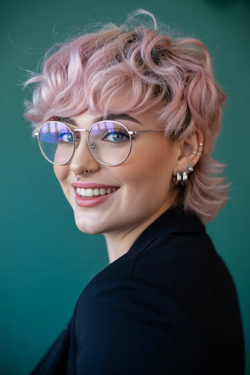 spring mullet haircut for woman 2026 Soft Pink Curly Pixie Mullet