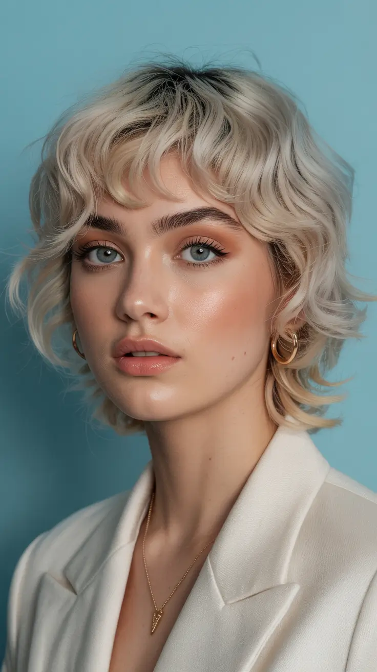 spring mullet haircut for woman 2026 Soft Platinum Shag Mullet with Airy Fringe