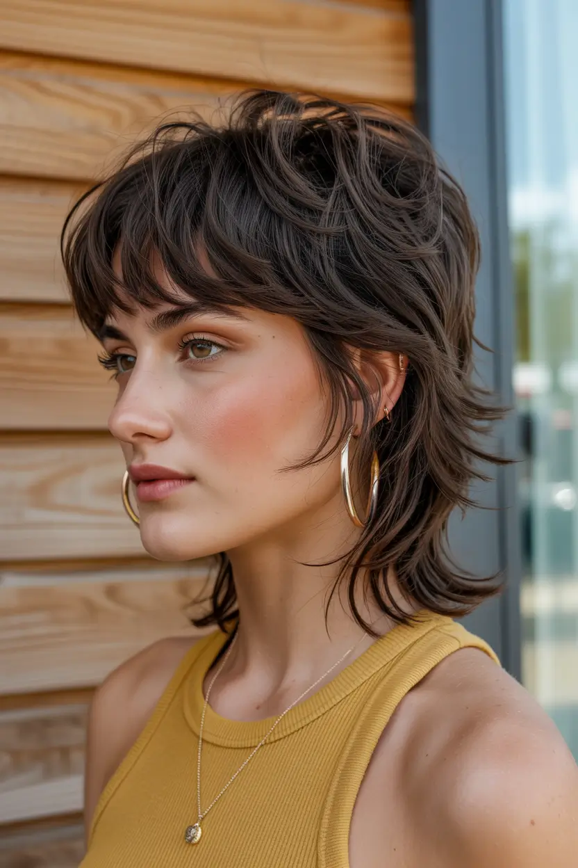spring mullet haircut for woman 2026 Warm Brunette Wolf-Inspired Medium Mullet