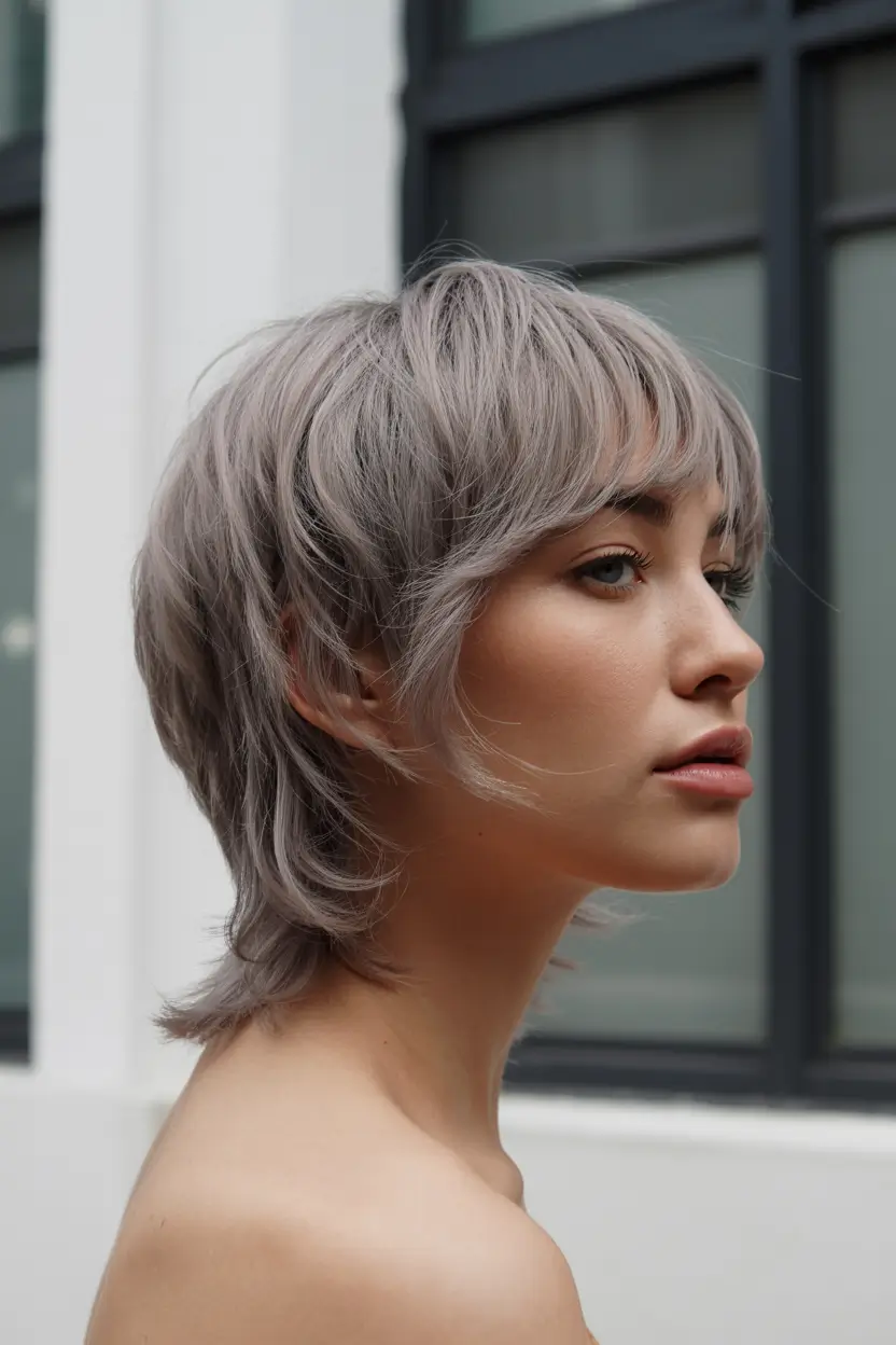 spring mullet haircut for woman 2026 Silvery Layered Pixie-Mullet Hybrid