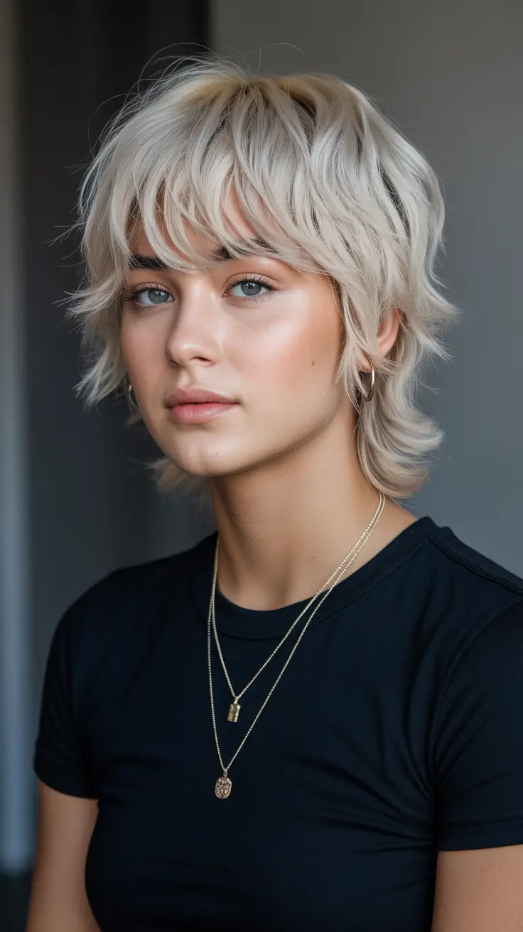 spring mullet haircut for woman 2026 Shaggy Platinum Mullet With Lived-In Texture