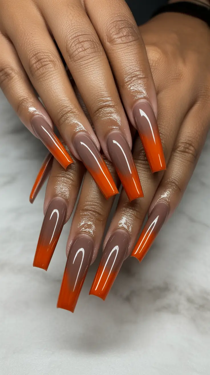 Chic Spring Nails For Brown Skin 2026 Orange Ombre Coffin