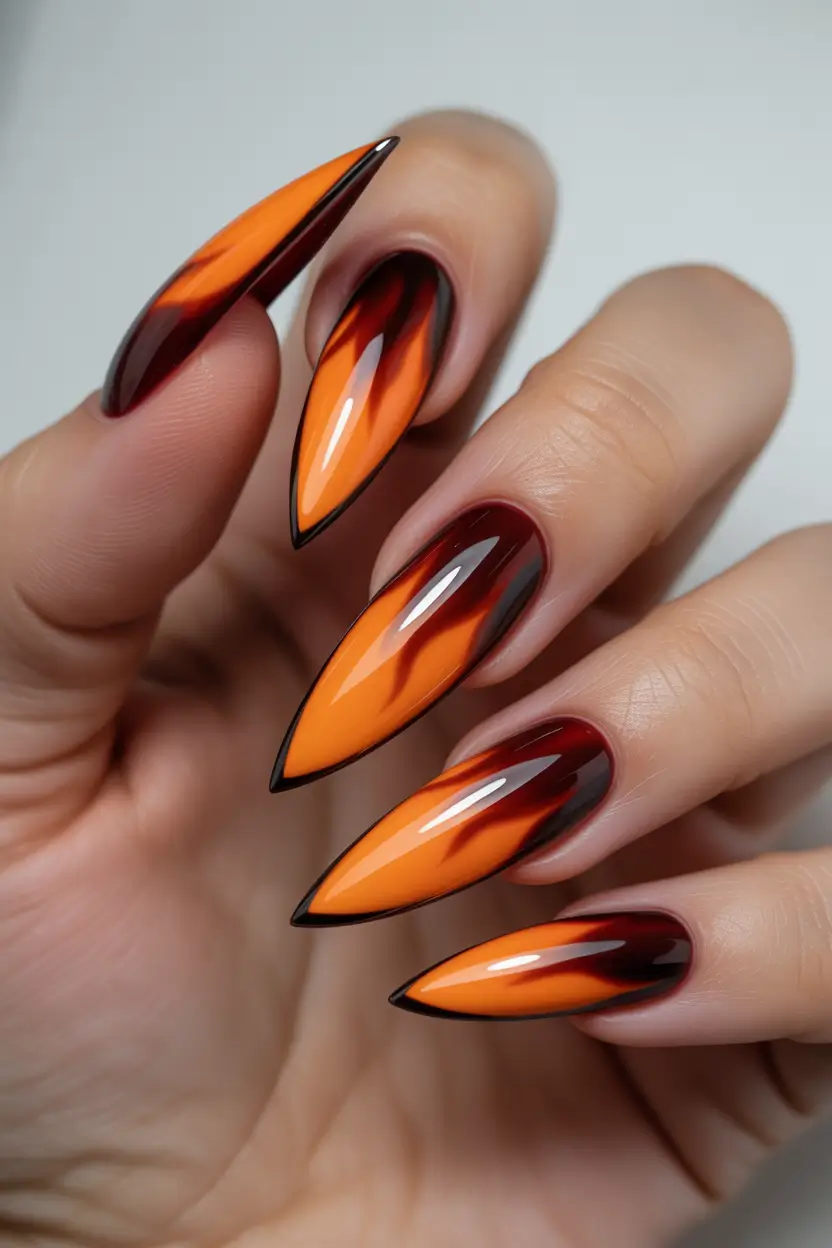 Chic Spring Nails For Brown Skin 2026 Flame Orange Stiletto