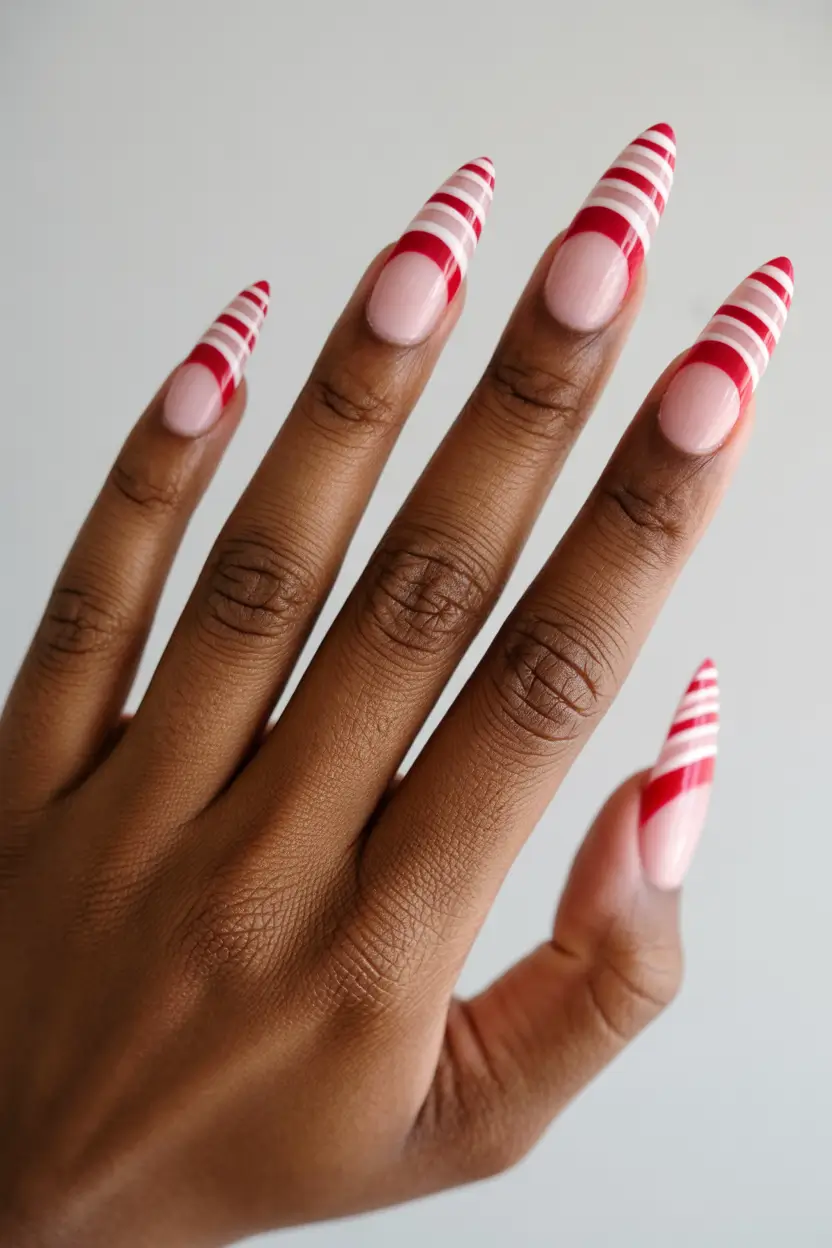 Chic Spring Nails For Dark Skin 2026 Red Striped Almond