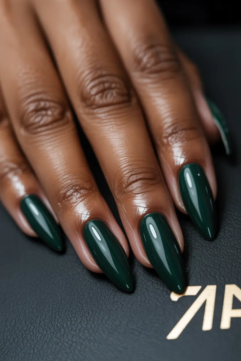 Chic Spring Nails For Dark Skin 2026 Deep Green Almond