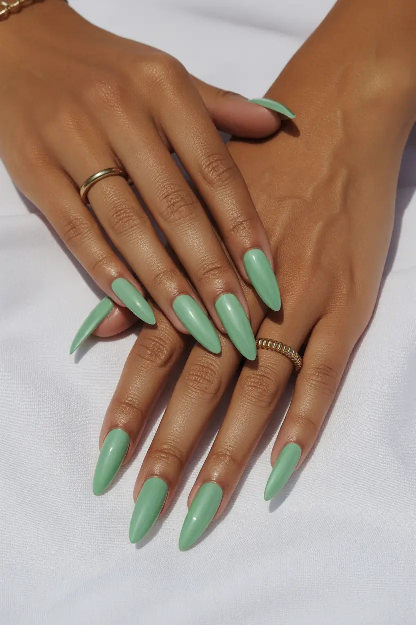 Chic Spring Nails For Dark Skin 2026 Green Almond Nails