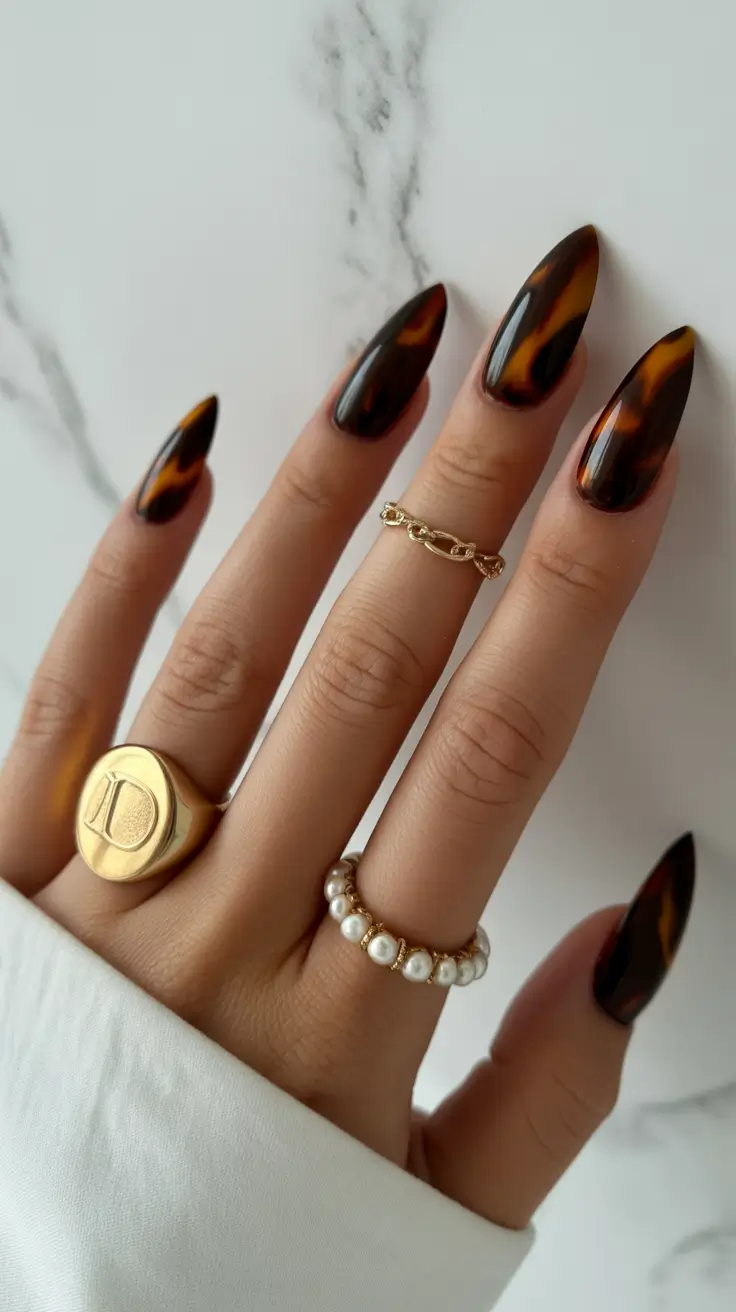 Chic Spring Nails For Tan Skin 2026 Glossy Tortoiseshell Almond Nails