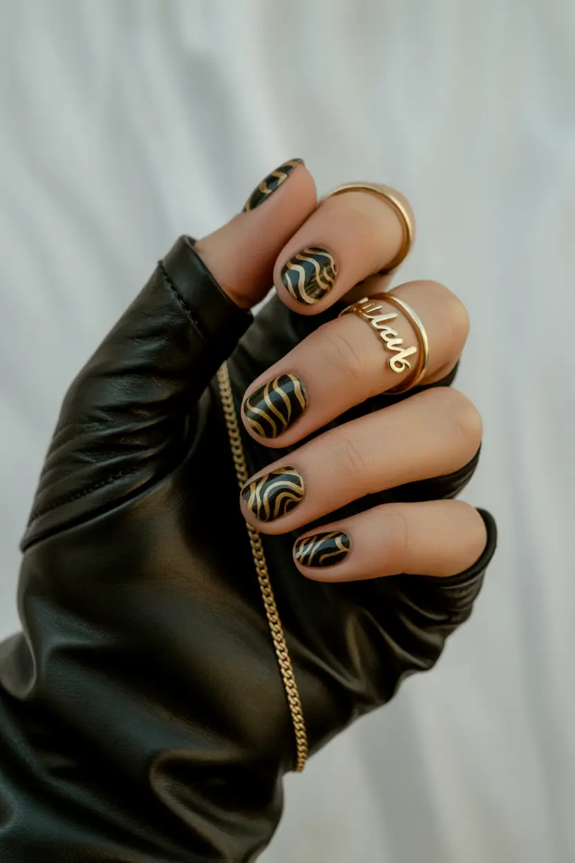 Chic Spring Nails For Tan Skin 2026 Black Gold Short Nails