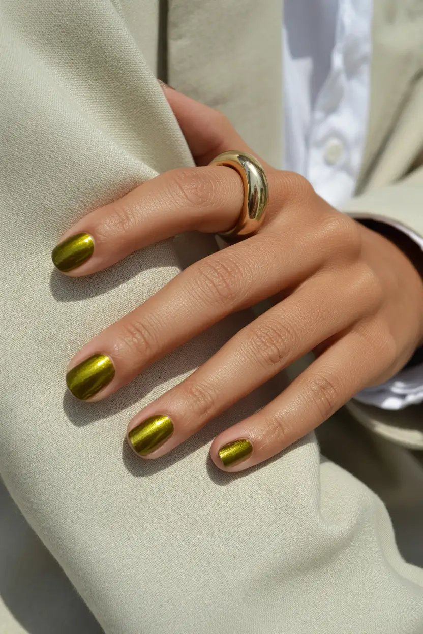 Chic Spring Nails For Tan Skin 2026 Metallic Olive Nails
