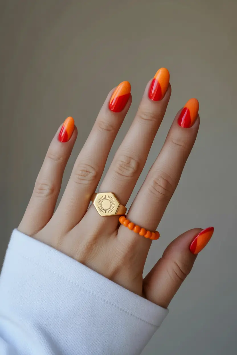 Chic Spring Nails For Tan Skin 2026 Red Orange Gradient Nails