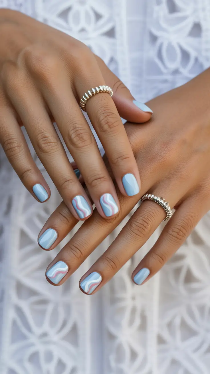 Chic Spring Nails For Tan Skin 2026 Blue Swirl Nail Design