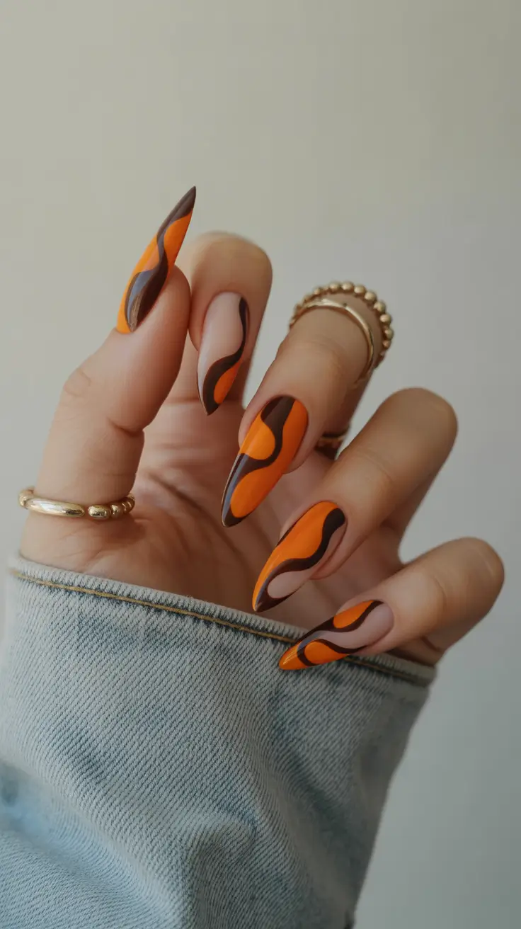 Chic Spring Nails For Tan Skin 2026 Orange Abstract Nails