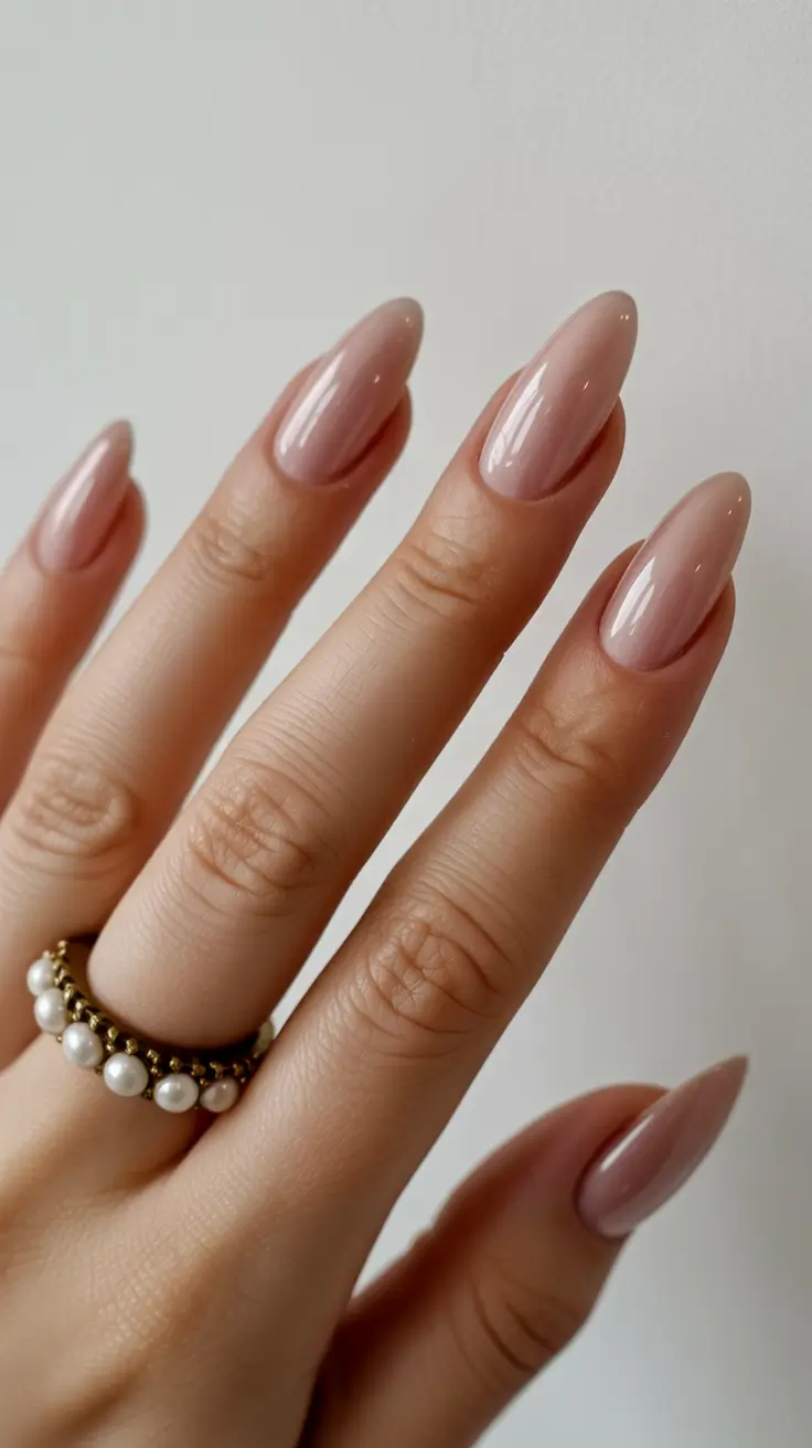spring nails for work 2026 Glossy Short Almond in Soft Nude