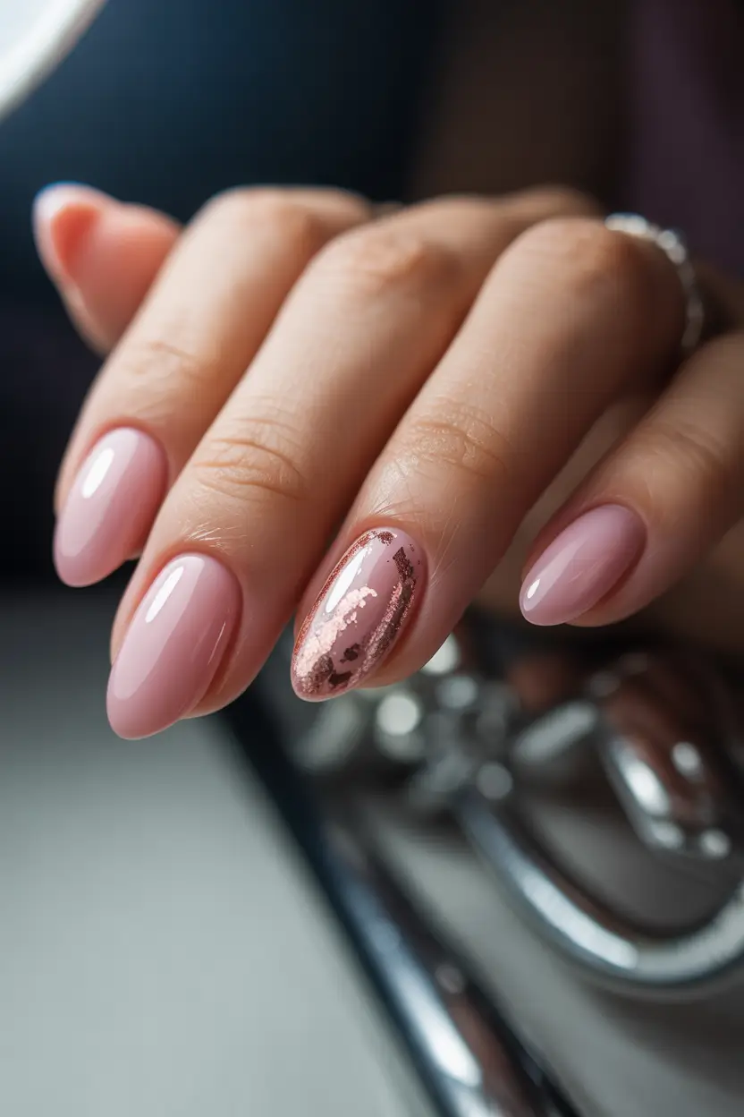 spring nails for work 2026 Neutral Almond with Rose Gold Accent