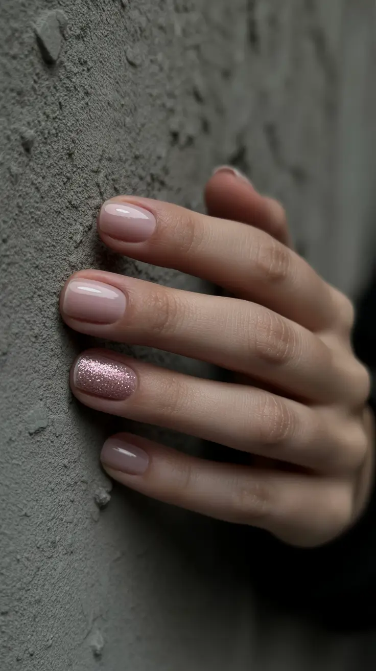 spring nails for work 2026 Short Nude with Subtle Glitter Accent