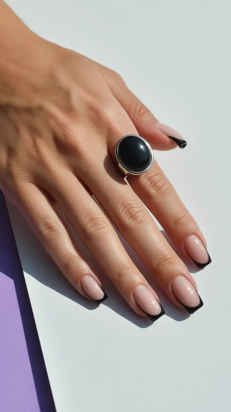 spring nails for work 2026 Soft Nude with Black Micro French