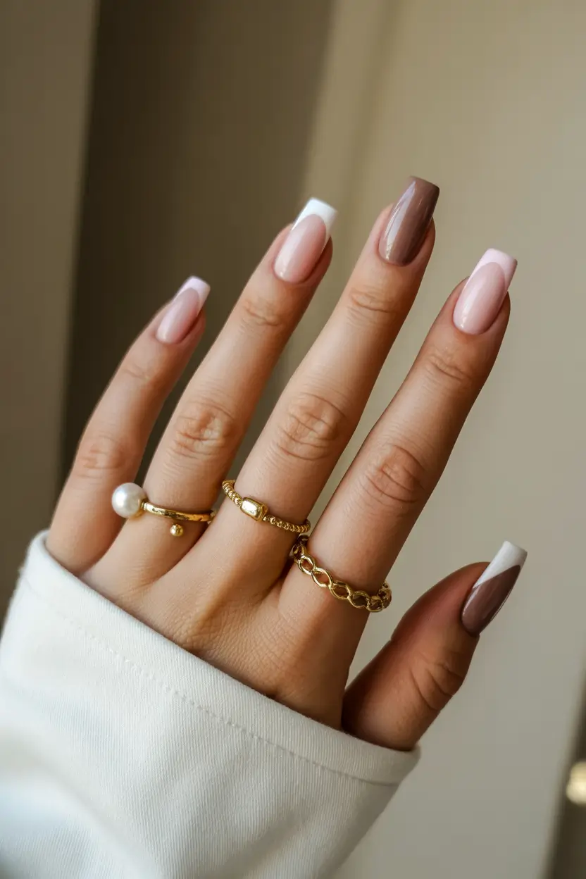 spring nails for work 2026 Neutral Mix French with Chocolate Accent