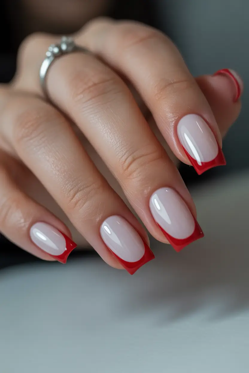 spring nails for work 2026 Milky Base with Red Outline French