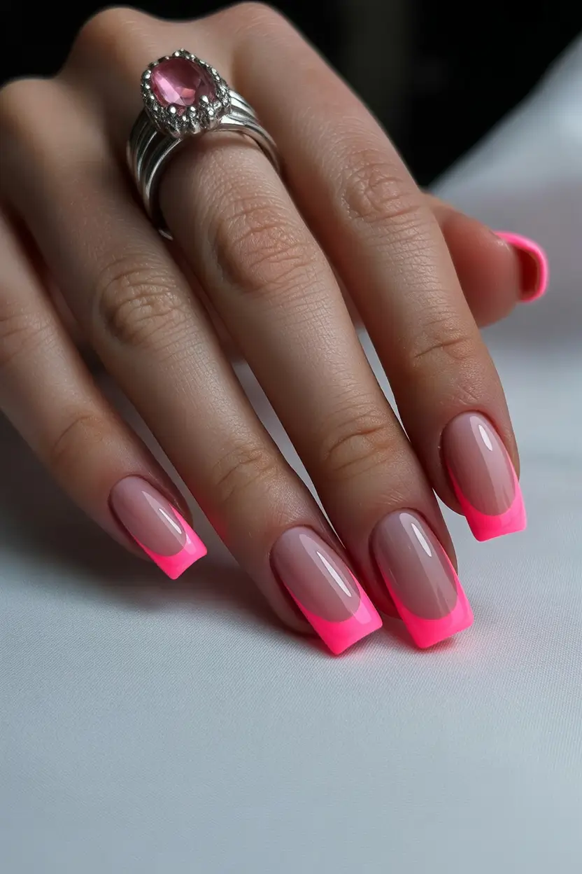 spring nails for work 2026 Neon Pink French Square