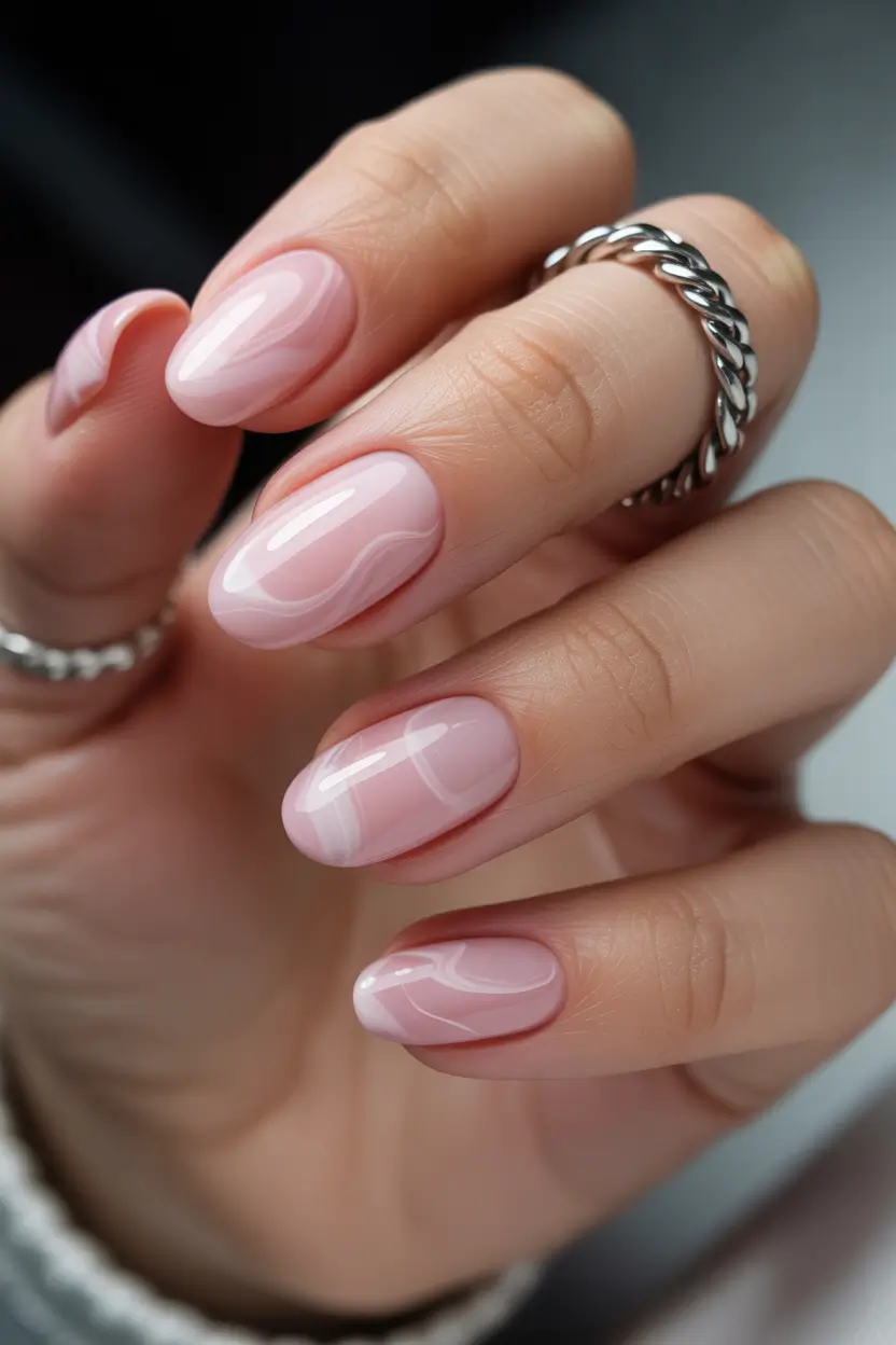 spring nails for work 2026 Subtle Pink Gel with Delicate Swirl Detail