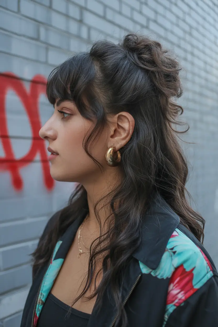 spring hairstyles 2026 Soft Brunette Half-Up with Wispy Bangs